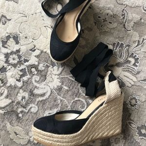 Coach Black Logo Print Lace Up Espadrille Wedges